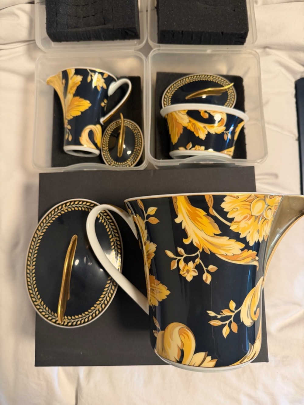 Elegant Navy and Gold Floral Porcelain Pitcher - Decorative Drinkware